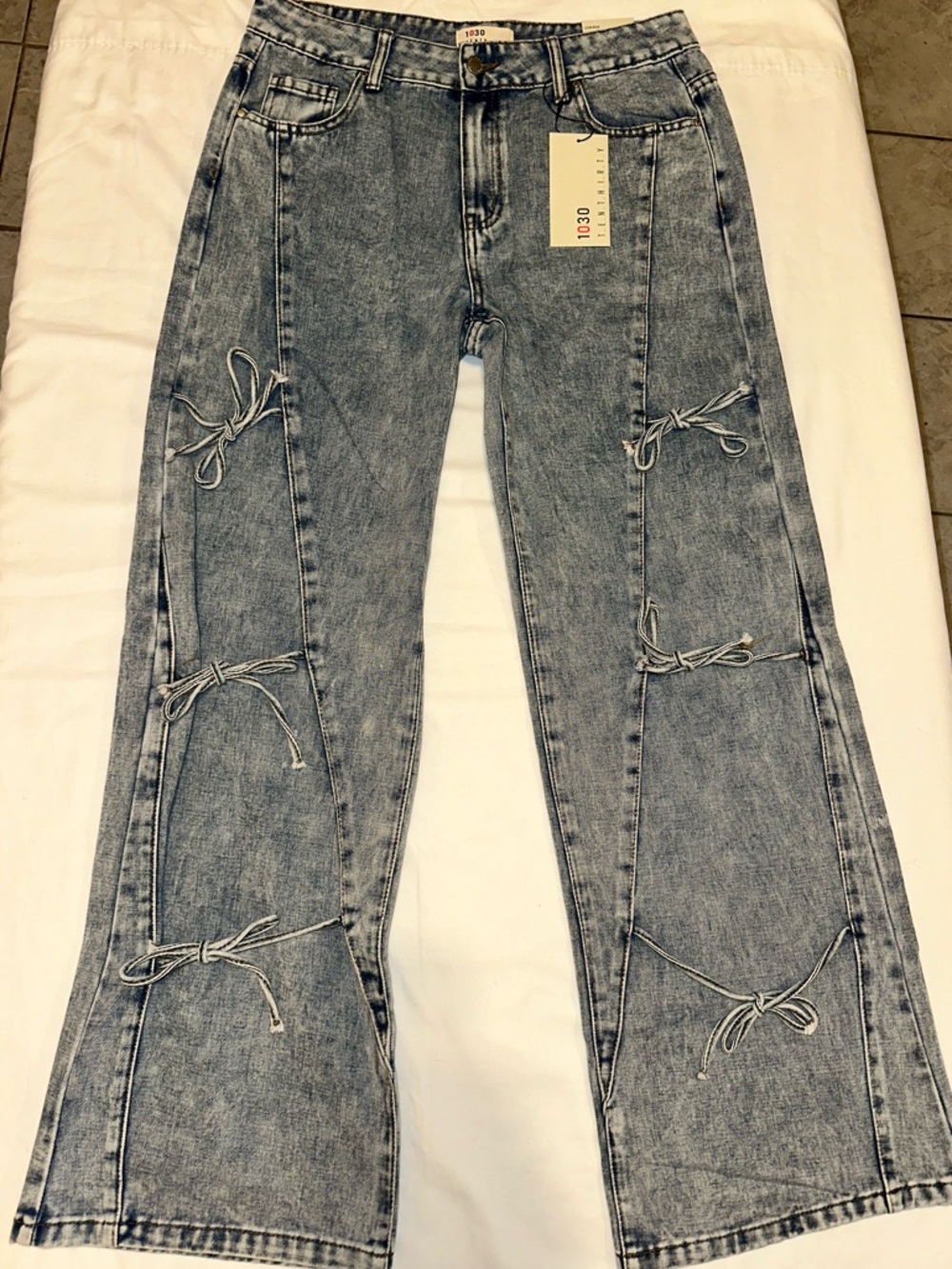 1030 Tie-Detail Wide Leg Medium Blue Jeans